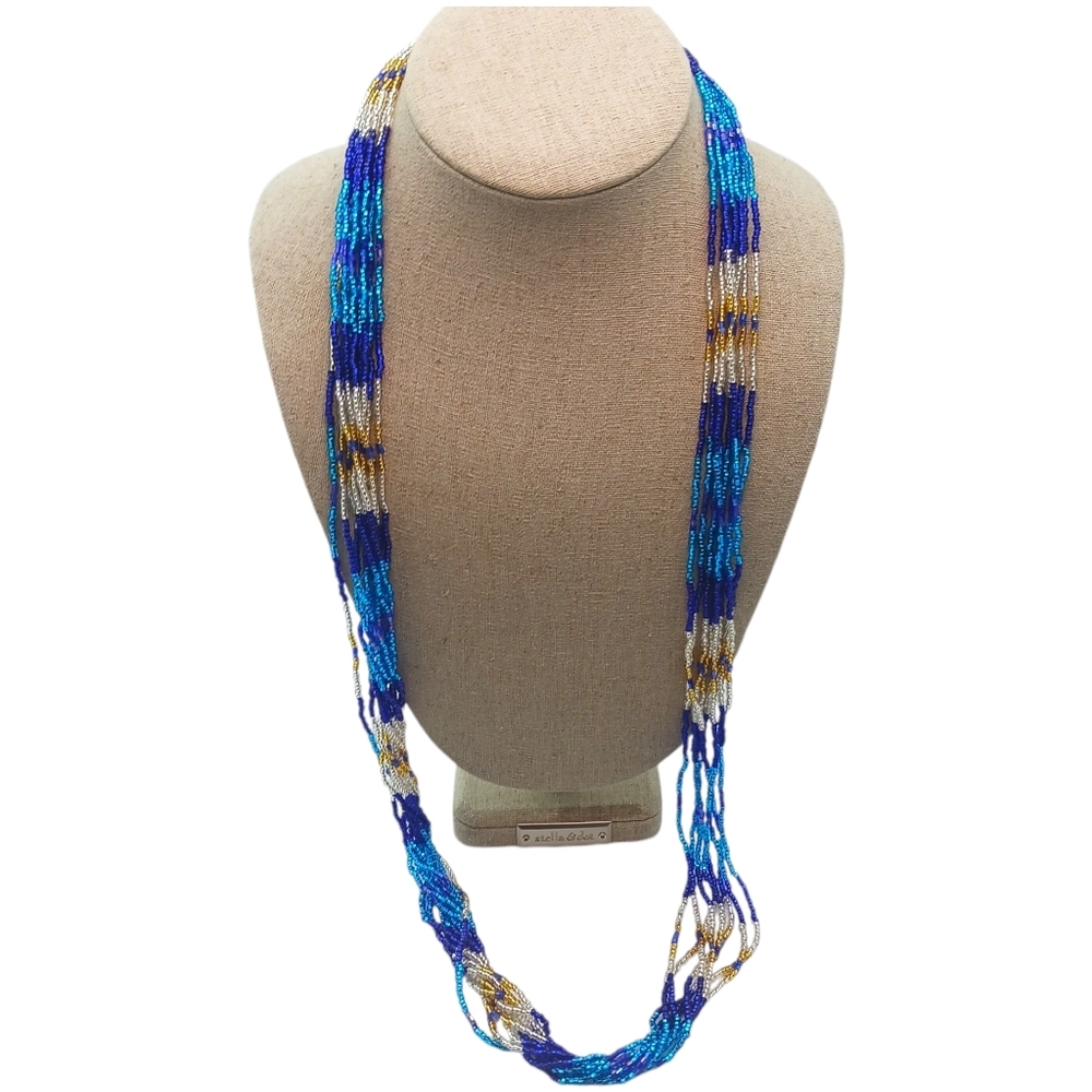 Vintage Womens Multi Strand Beaded Necklace Blue Nautical Coastal Boho